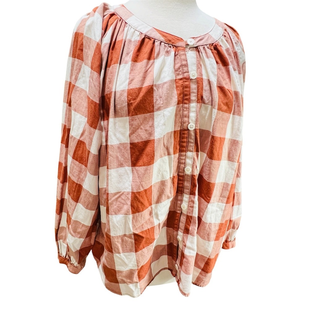 Duluth Women L Rust Buffalo Check Cotton Blouse Top Cottage Prairie Boho Relaxed
